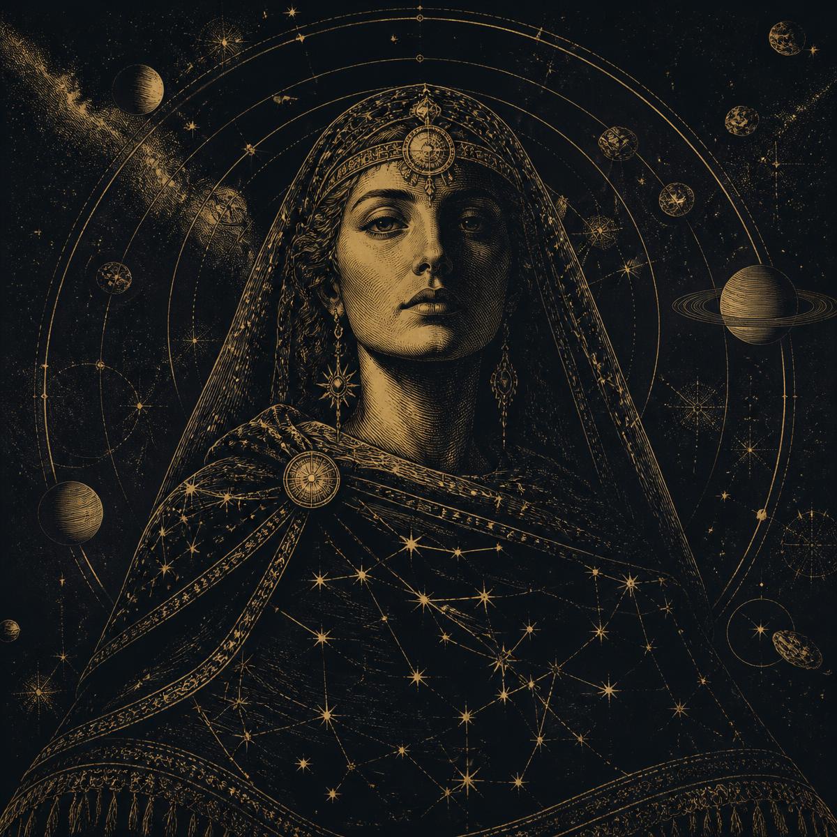 The Oracle of Almagestral, drawn in gold line work against a night sky